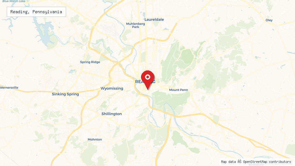 Street map of Reading, Pennsylvania with location pin