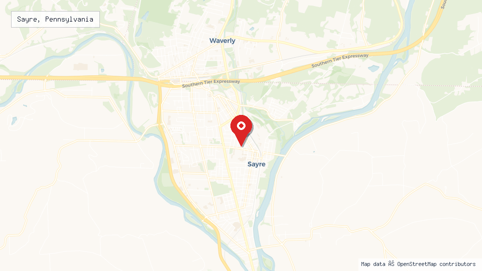 Street map of Sayre, Pennsylvania with location pin