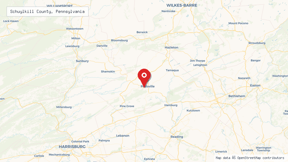 Street map of Schuylkill County, Pennsylvania with location pin