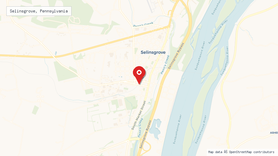 Street map of Selinsgrove, Pennsylvania with location pin