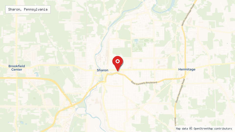 Street map of Sharon, Pennsylvania with location pin