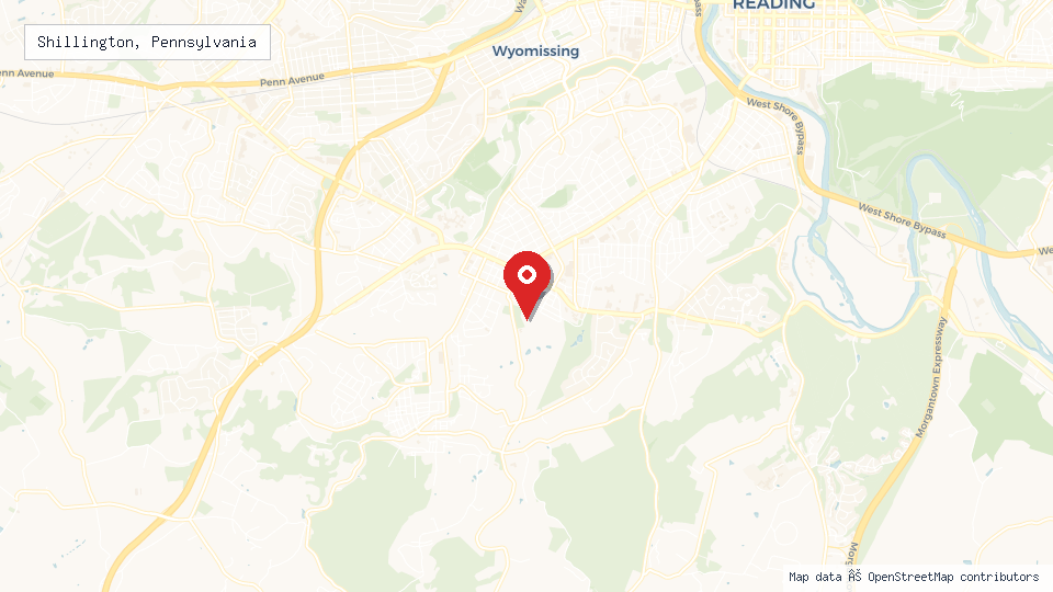 Street map of Shillington, Pennsylvania with location pin