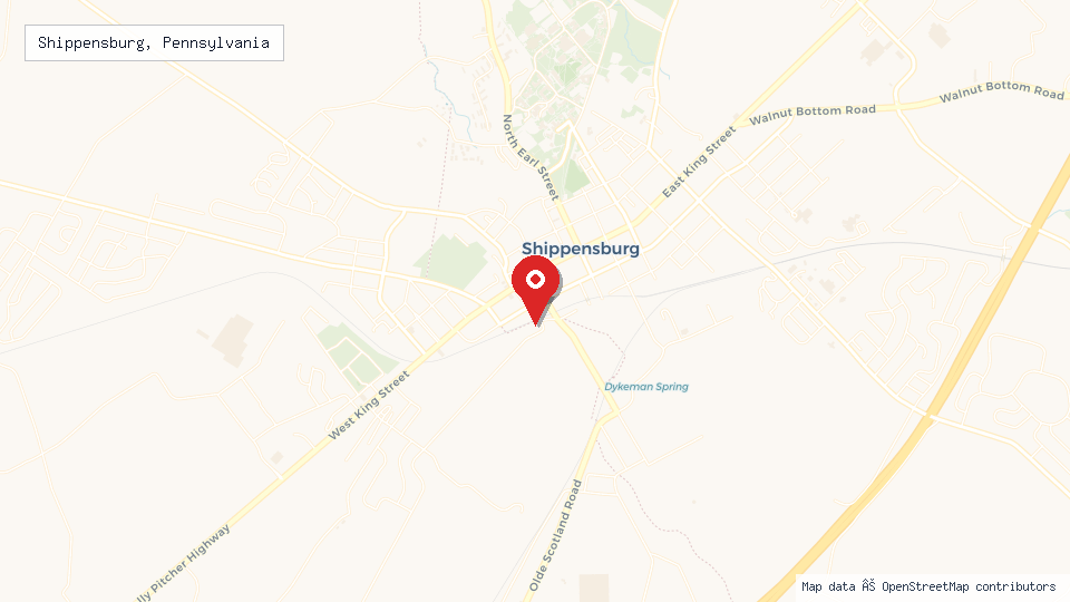 Street map of Shippensburg, Pennsylvania with location pin