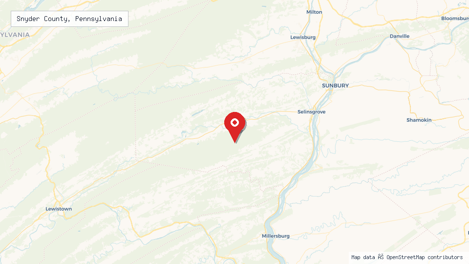 Street map of Snyder County, Pennsylvania with location pin