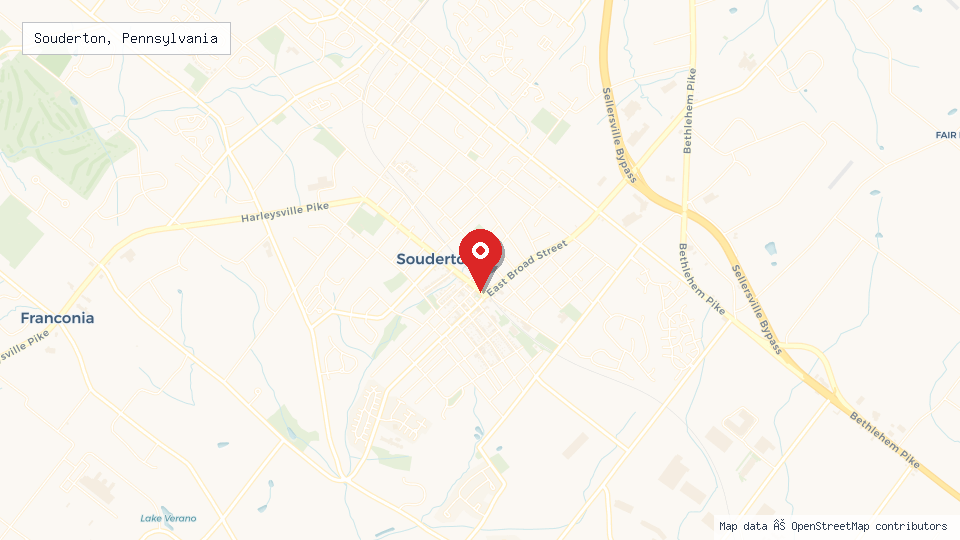 Street map of Souderton, Pennsylvania with location pin