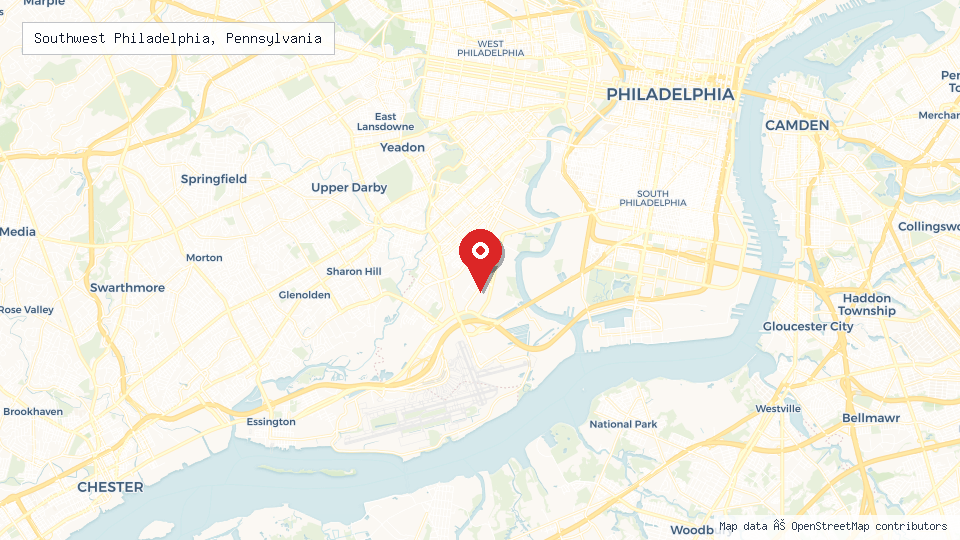 Street map of Southwest Philadelphia, Pennsylvania with location pin