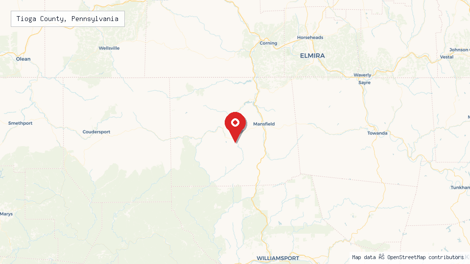 Street map of Tioga County, Pennsylvania with location pin