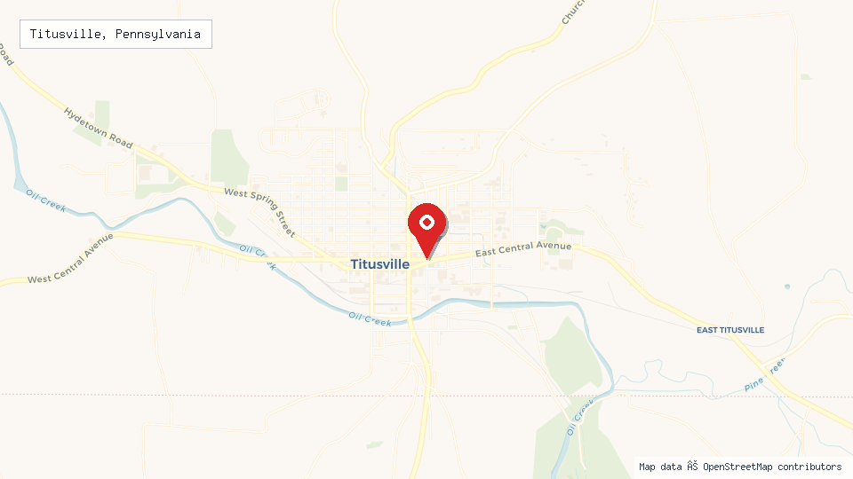 Street map of Titusville, Pennsylvania with location pin