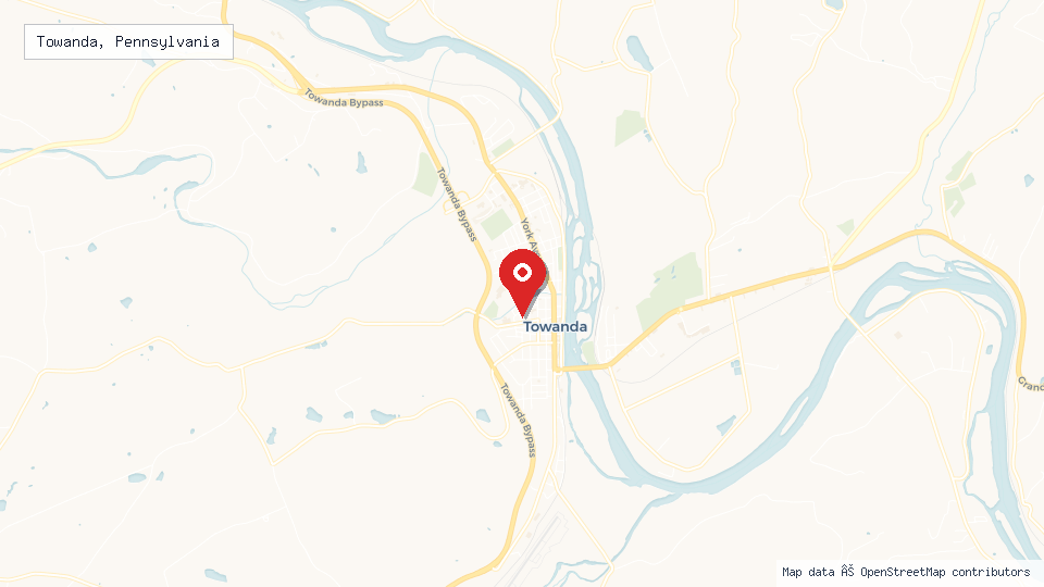 Street map of Towanda, Pennsylvania with location pin