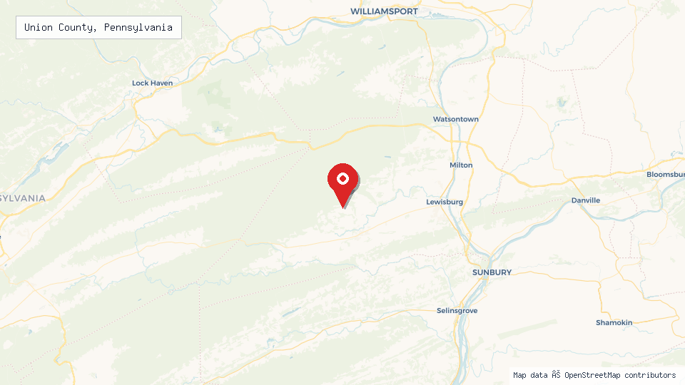 Street map of Union County, Pennsylvania with location pin
