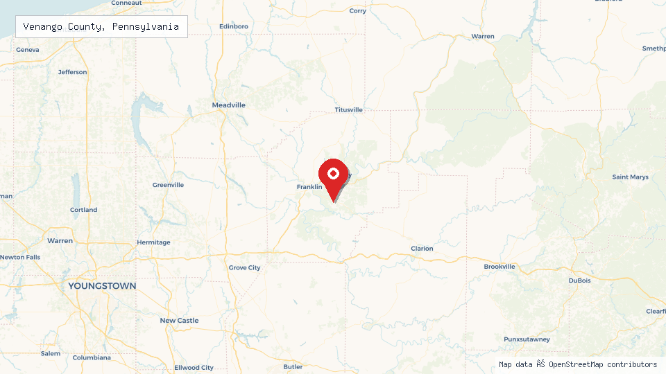 Street map of Venango County, Pennsylvania with location pin