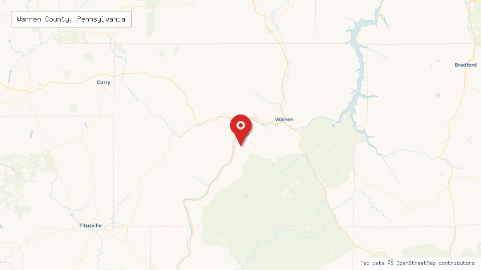 Street map of Warren County, Pennsylvania with location pin