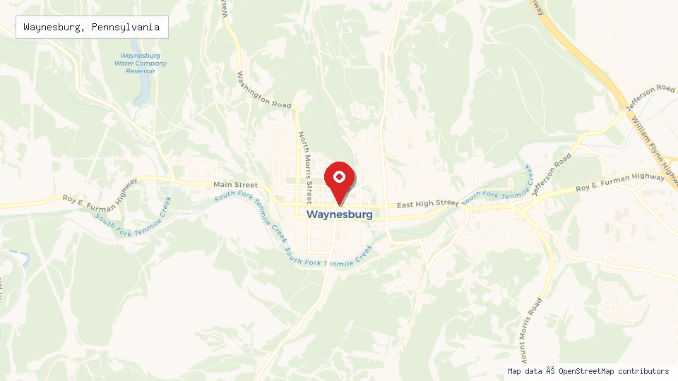 Street map of Waynesburg, Pennsylvania with location pin