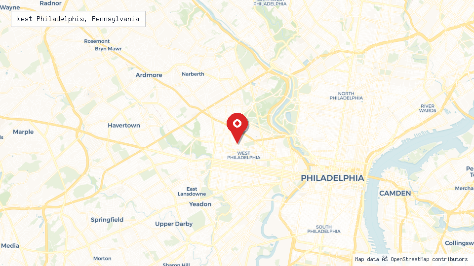 Street map of West Philadelphia, Pennsylvania with location pin