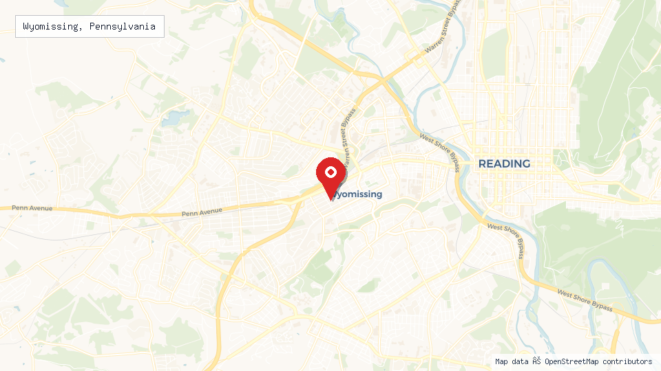 Street map of Wyomissing, Pennsylvania with location pin