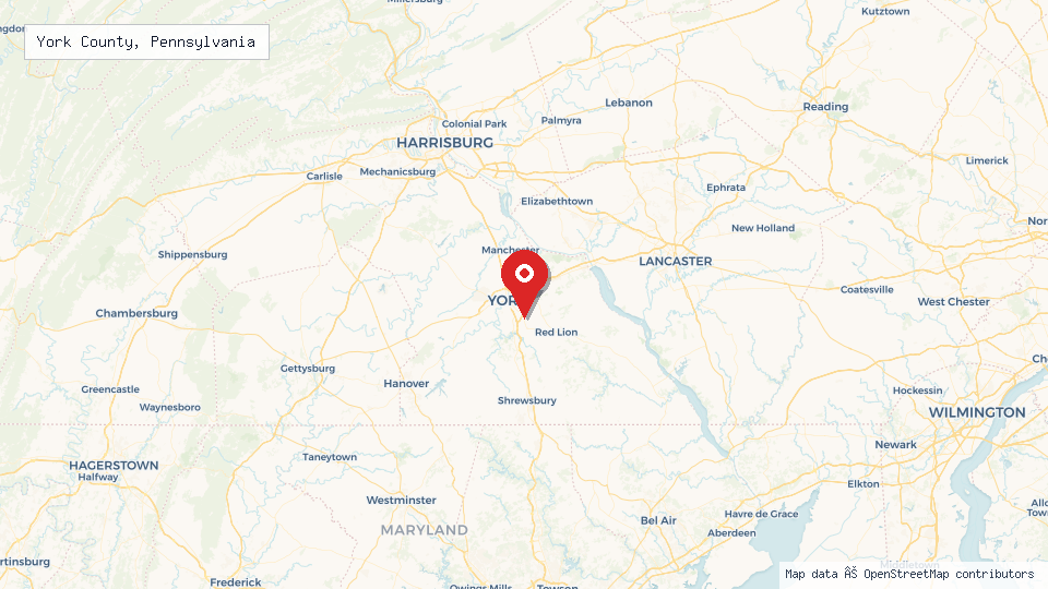 Street map of York County, Pennsylvania with location pin