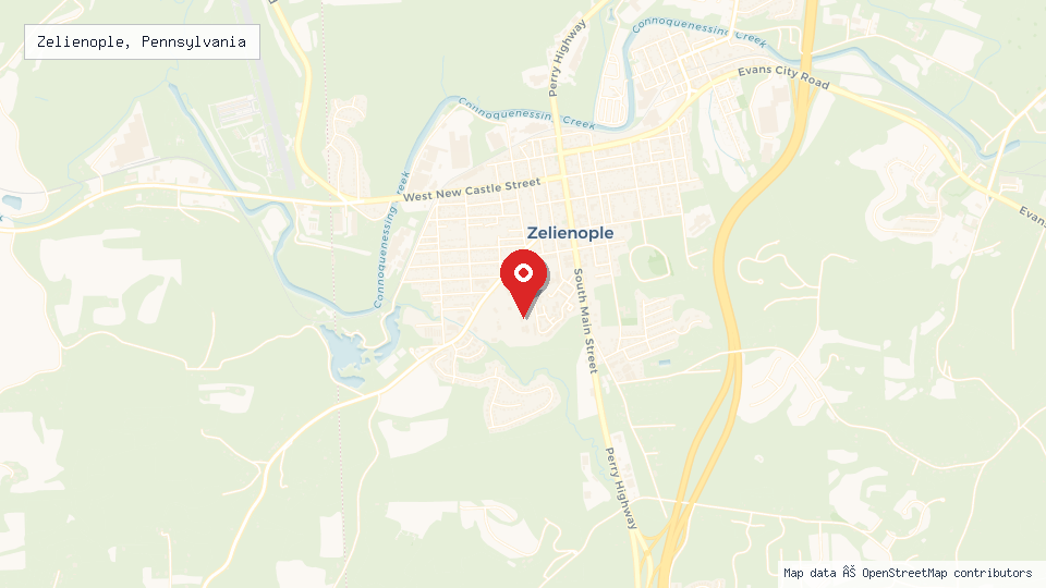 Street map of Zelienople, Pennsylvania with location pin