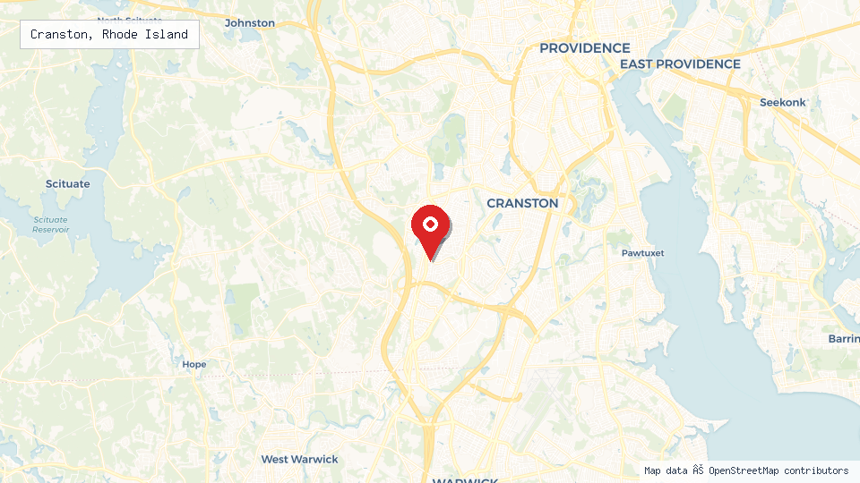 Street map of Cranston, Rhode Island with location pin