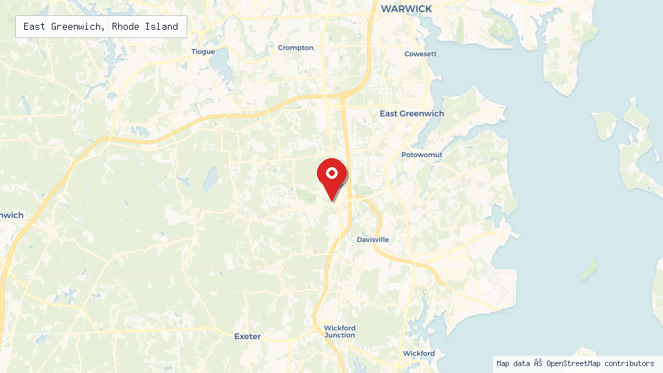 Street map of East Greenwich, Rhode Island with location pin