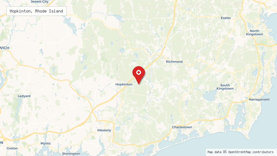 Street map of Hopkinton, Rhode Island with location pin