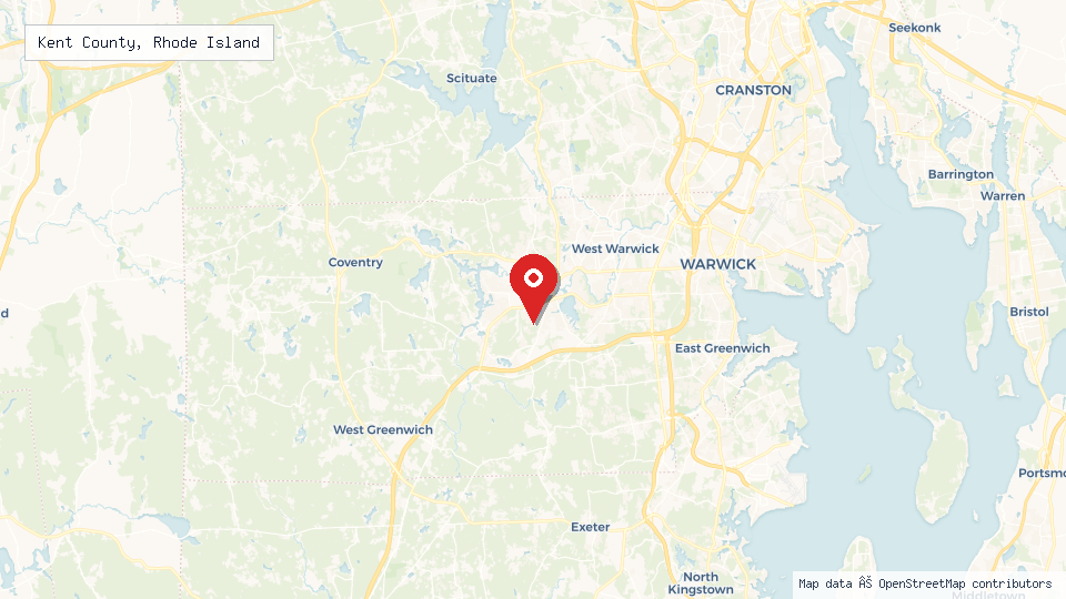 Street map of Kent County, Rhode Island with location pin