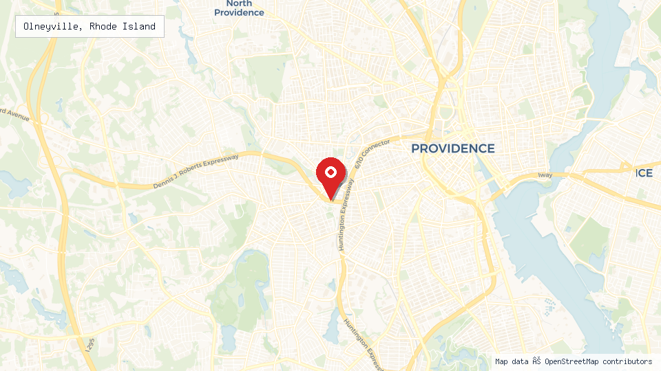 Street map of Olneyville, Rhode Island with location pin