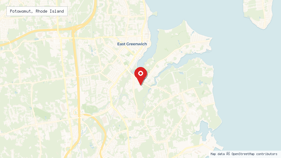 Street map of Potowomut, Rhode Island with location pin