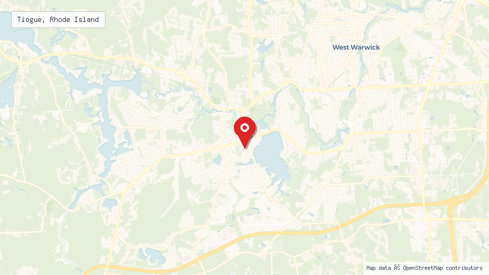 Street map of Tiogue, Rhode Island with location pin