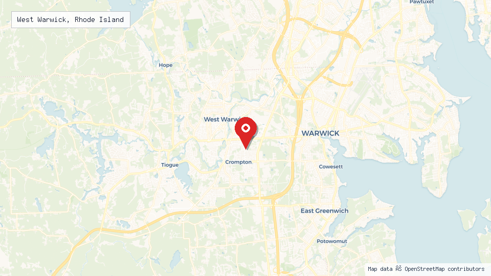 Street map of West Warwick, Rhode Island with location pin