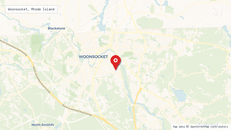Street map of Woonsocket, Rhode Island with location pin