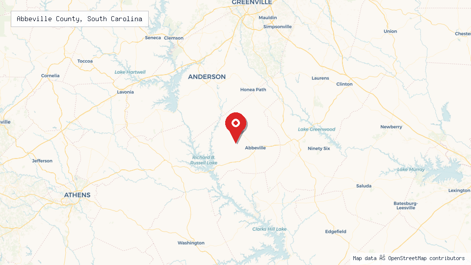 Street map of Abbeville County, South Carolina with location pin