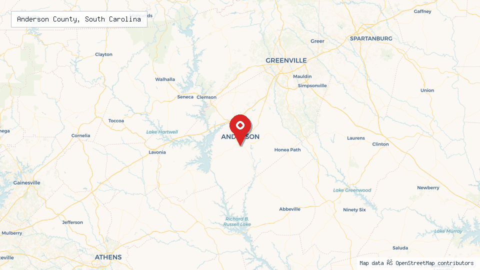 Street map of Anderson County, South Carolina with location pin