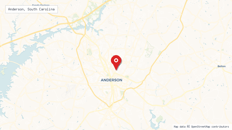 Street map of Anderson, South Carolina with location pin