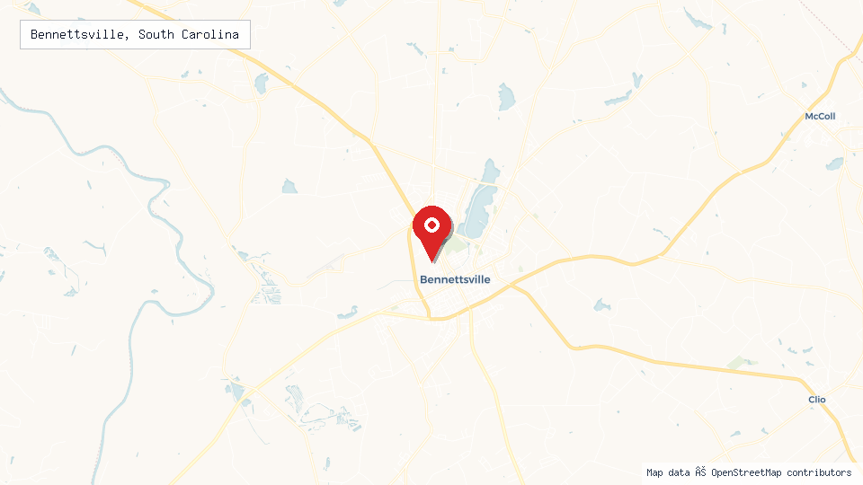 Street map of Bennettsville, South Carolina with location pin