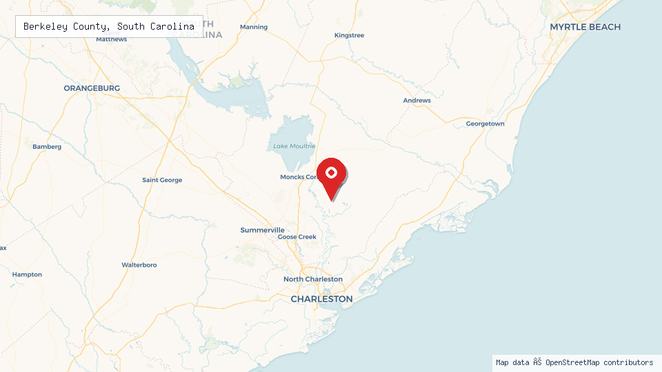 Street map of Berkeley County, South Carolina with location pin