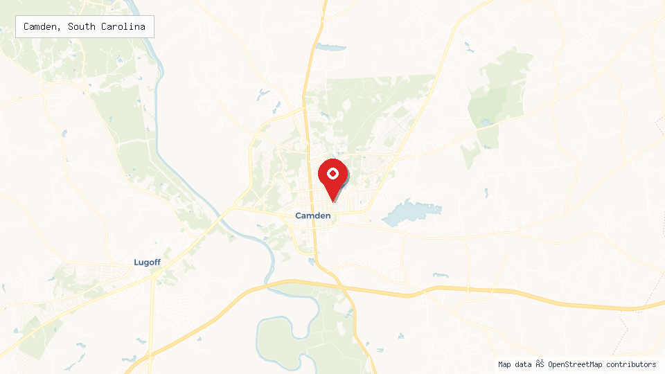 Street map of Camden, South Carolina with location pin
