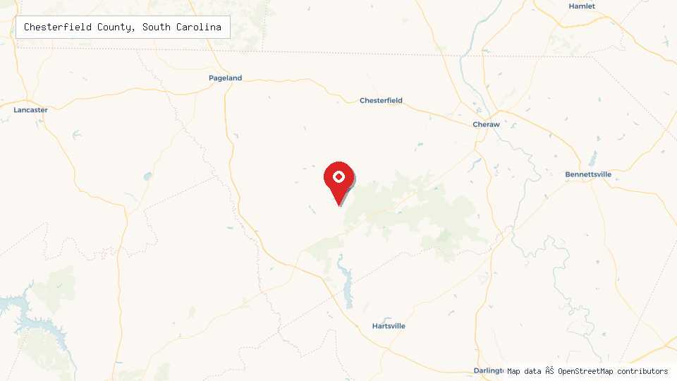 Street map of Chesterfield County, South Carolina with location pin