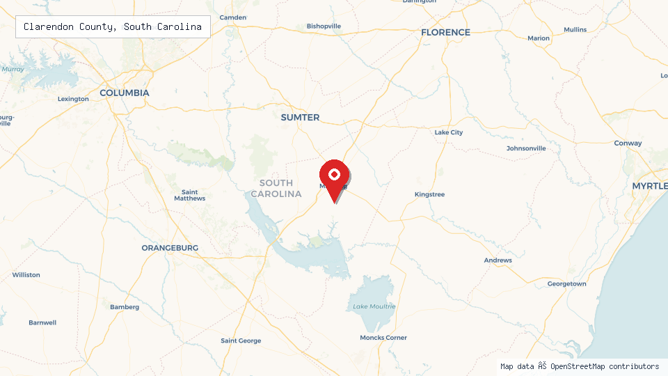 Street map of Clarendon County, South Carolina with location pin