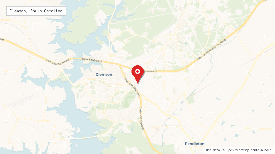 Street map of Clemson, South Carolina with location pin