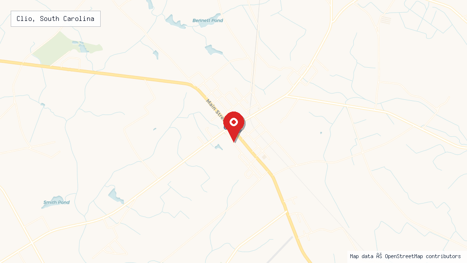 Street map of Clio, South Carolina with location pin