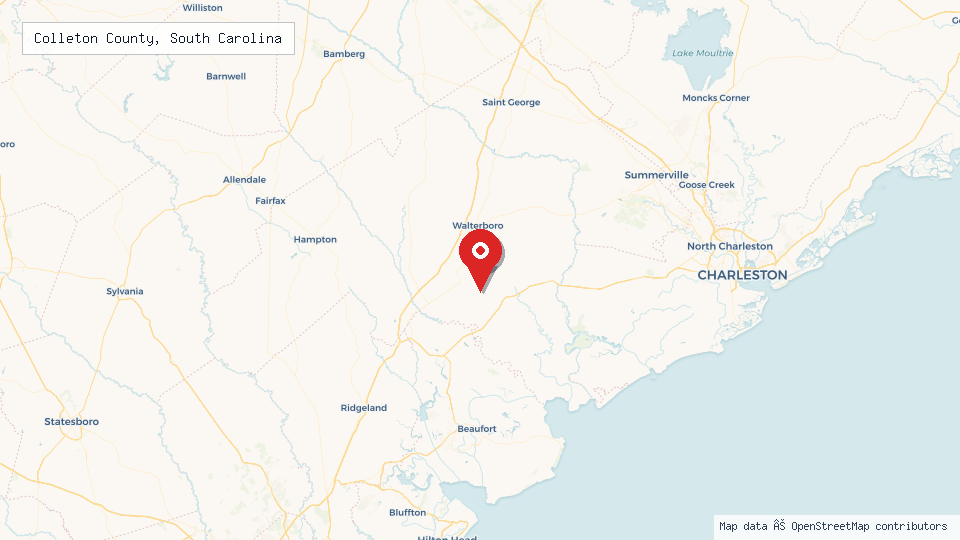 Street map of Colleton County, South Carolina with location pin