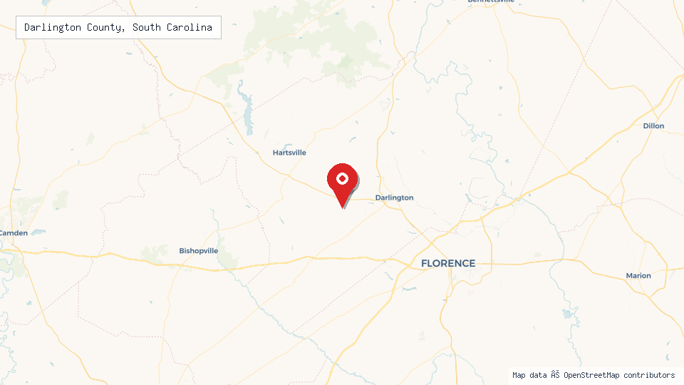 Street map of Darlington County, South Carolina with location pin