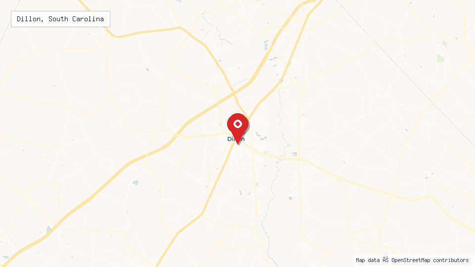 Street map of Dillon, South Carolina with location pin
