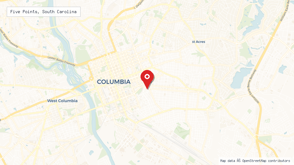 Street map of Five Points, South Carolina with location pin
