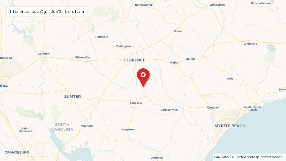 Street map of Florence County, South Carolina with location pin