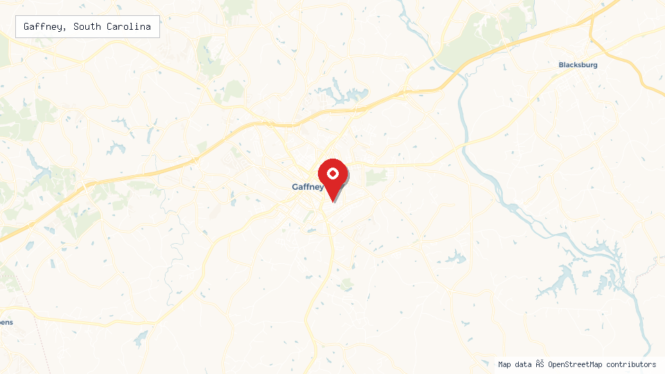 Street map of Gaffney, South Carolina with location pin