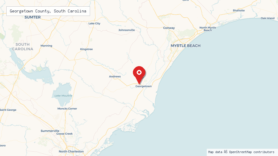 Street map of Georgetown County, South Carolina with location pin
