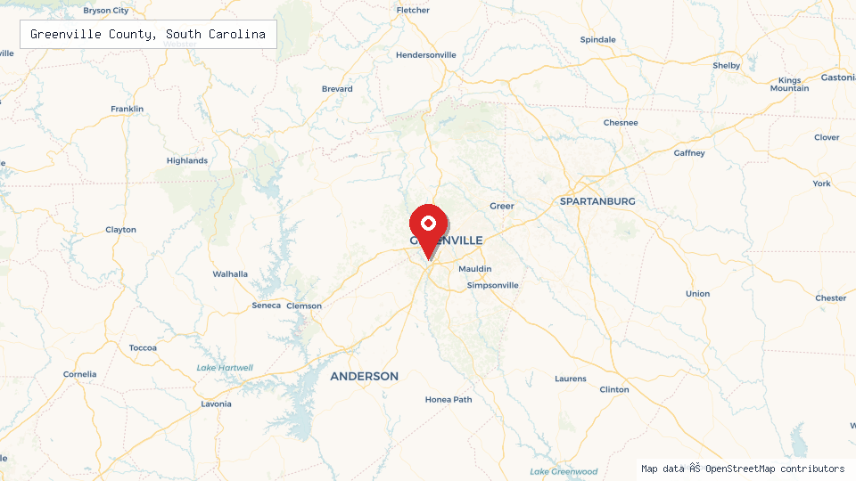Street map of Greenville County, South Carolina with location pin