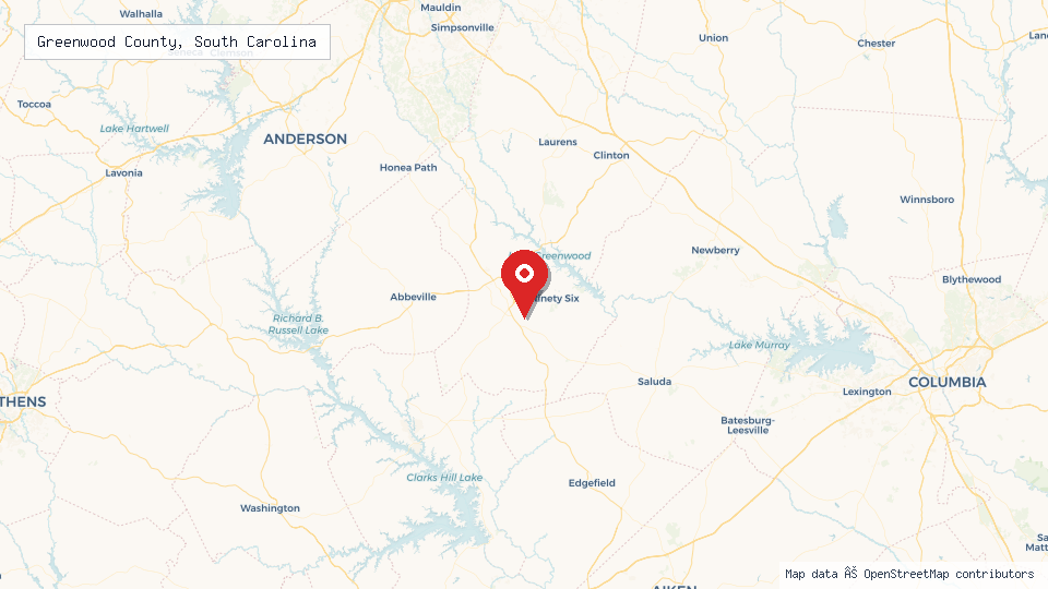 Street map of Greenwood County, South Carolina with location pin
