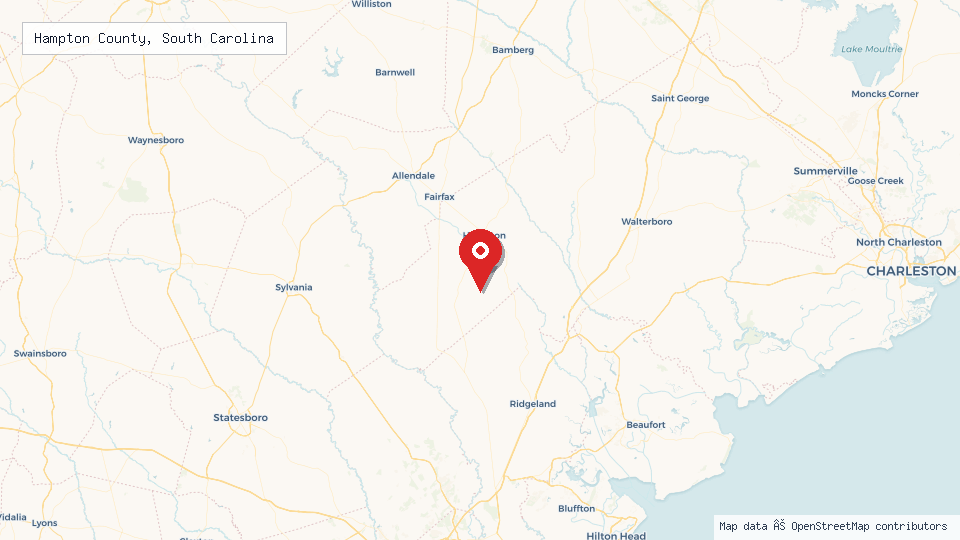Street map of Hampton County, South Carolina with location pin